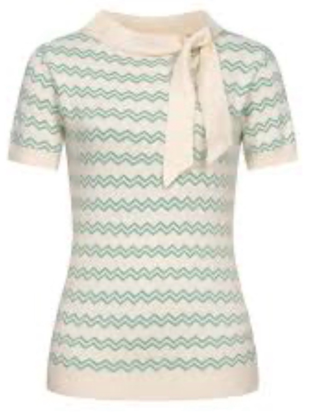 OXnit 100% Cotron Retro Women’s Cream & Mint Zigzag Bow Neck Short-Sleeve Top XS
